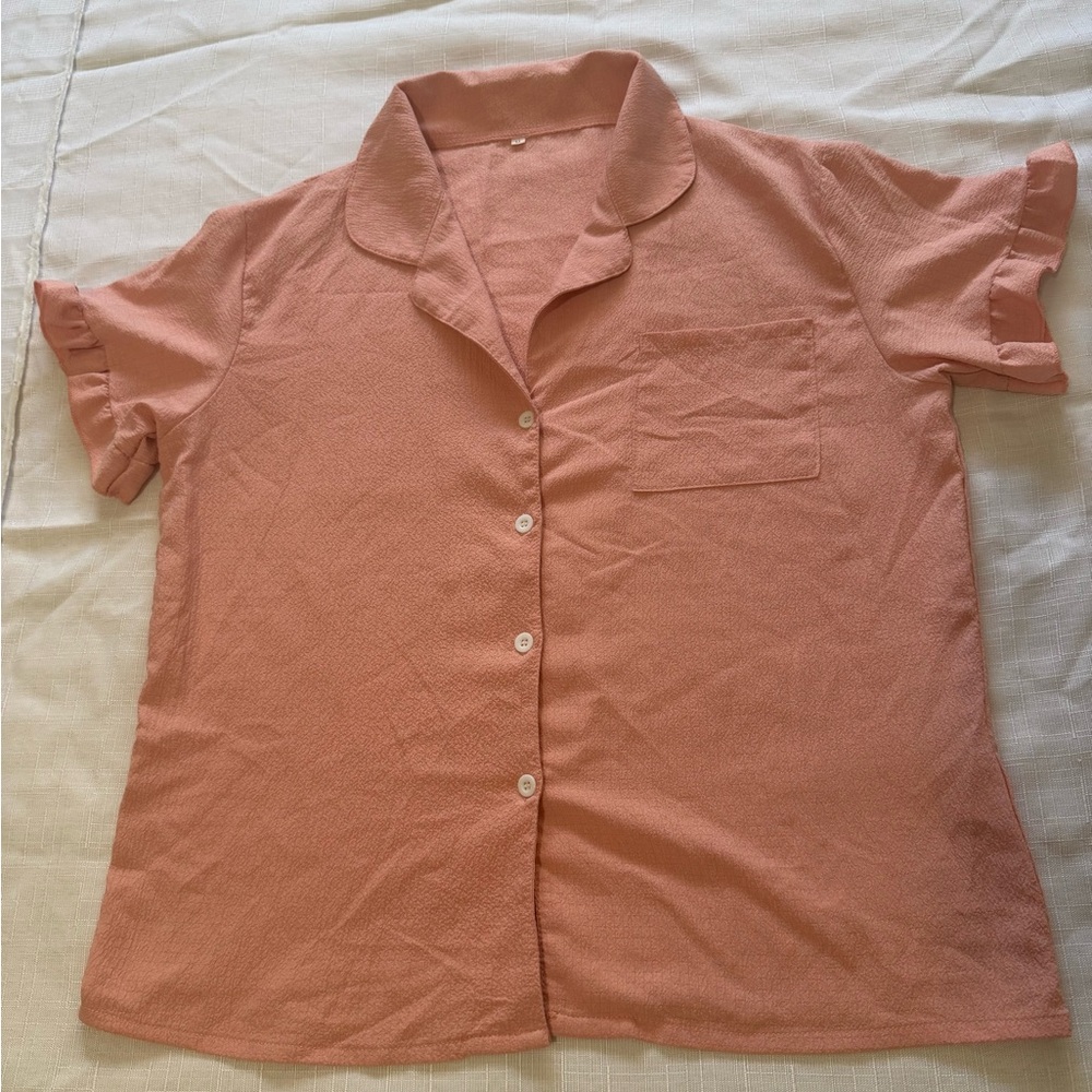 Vintage Peach Button-Up Short Sleeve Blouse
